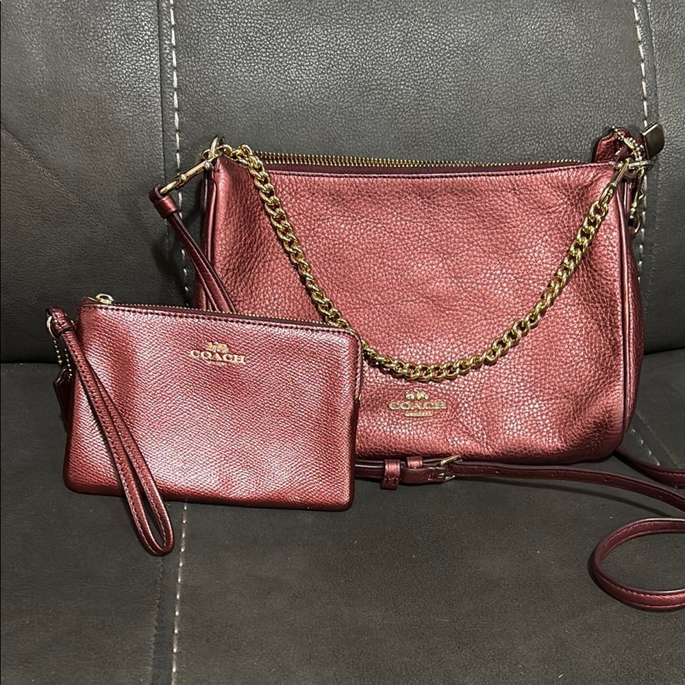 Coach Burgundy Metallic, and Gold Crossbody Bag with matching Wristlet